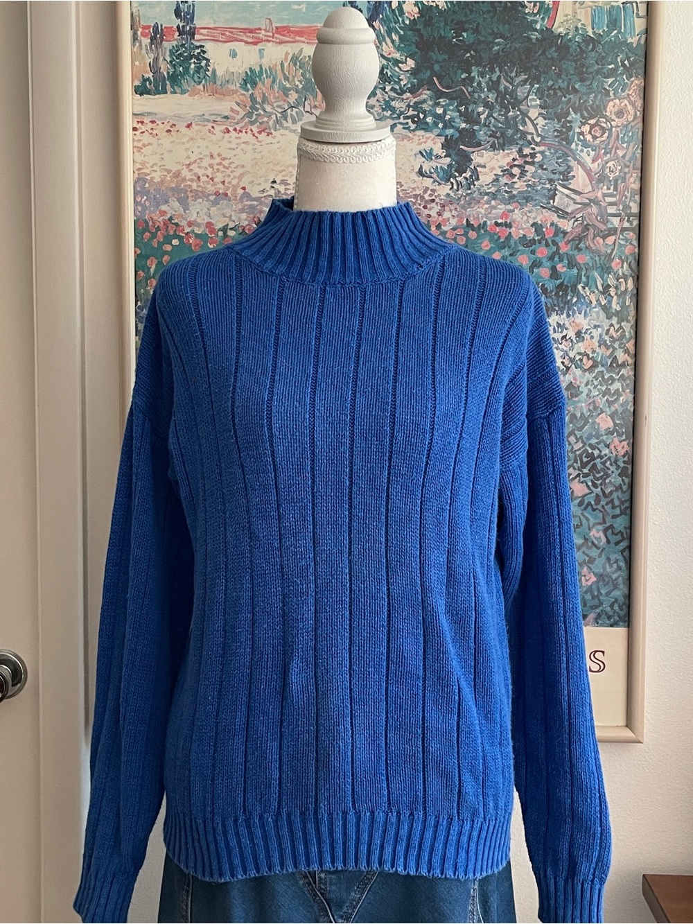 Vintage Blue Cable Knit Turtleneck Sweater Large Ribbed Mock Neck Preppy Cottage
